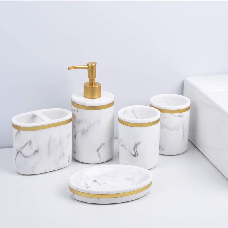 Jung Ford 5-Piece Bathroom Counter Top Accessory Set - Dispenser for Liquid Soap or Lotion, Soap Dish, 2 Tumblers and Toothbrush Holder, Marble Pattern Resin (Classic White) - Image 2